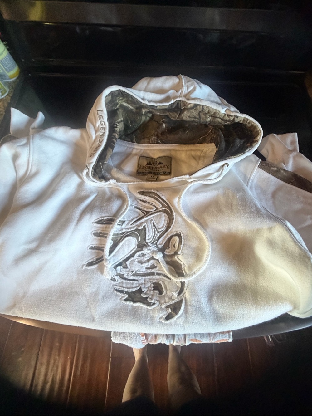 Legendary White Hoodie with Camouflage Lined Hood and Embroidered Deer